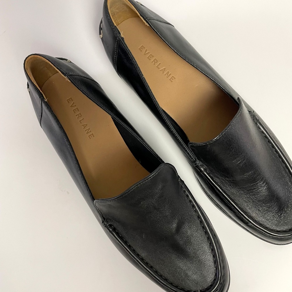 Everlane Black Leather Loafer Sz 9 Whipstitch Heel Minimalist Quiet Luxury - Picture 5 of 8